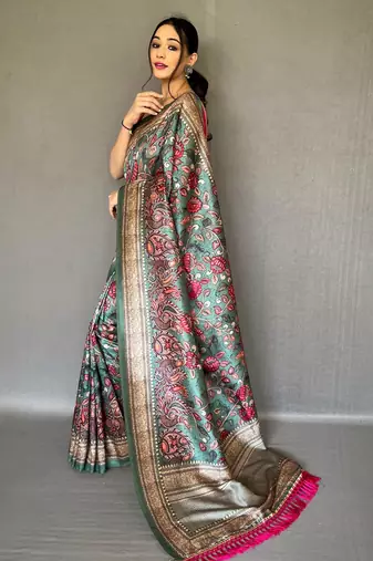 Turquoise printed silk saree with blouse piece