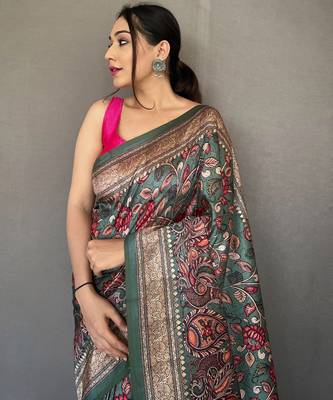 Turquoise printed silk saree with blouse piece 4