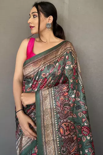 Turquoise printed silk saree with blouse piece