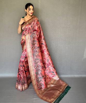Pink printed silk saree with blouse piece 1