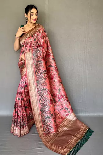 Pink printed silk saree with blouse piece