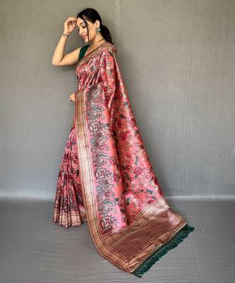 Pink printed silk saree with blouse piece 2