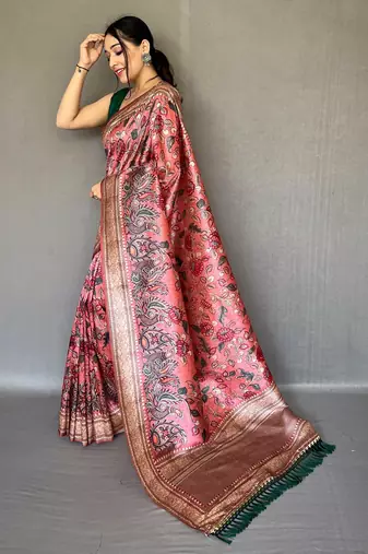 Pink printed silk saree with blouse piece