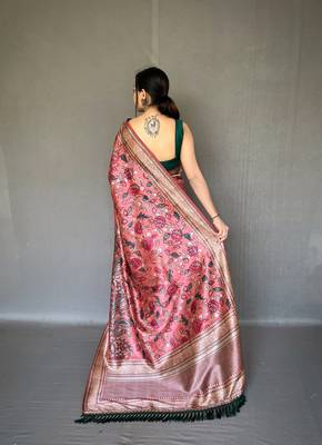 Pink printed silk saree with blouse piece 3