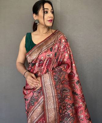 Pink printed silk saree with blouse piece 4