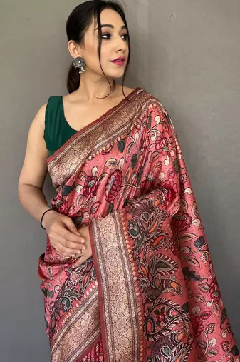 Pink printed silk saree with blouse piece