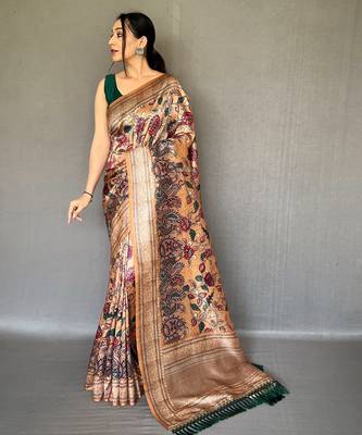 Beige printed silk saree with blouse piece 1