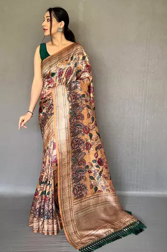 Beige printed silk saree with blouse piece