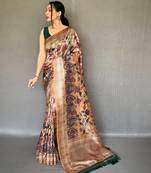 Beige printed silk saree with blouse piece
