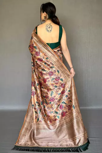Beige printed silk saree with blouse piece