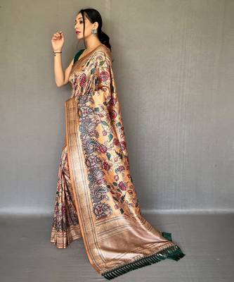 Beige printed silk saree with blouse piece 3