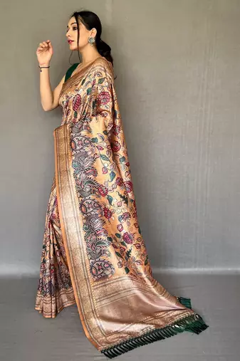 Beige printed silk saree with blouse piece