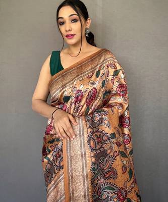 Beige printed silk saree with blouse piece 4