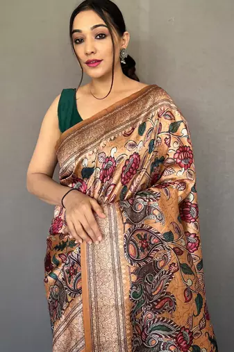 Beige printed silk saree with blouse piece