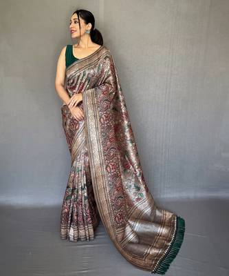 Grey printed silk saree with blouse piece 1