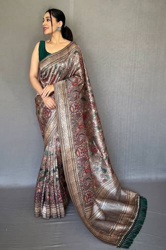 Grey printed silk saree with blouse piece