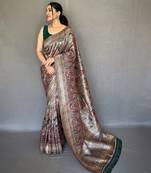 Grey printed silk saree with blouse piece