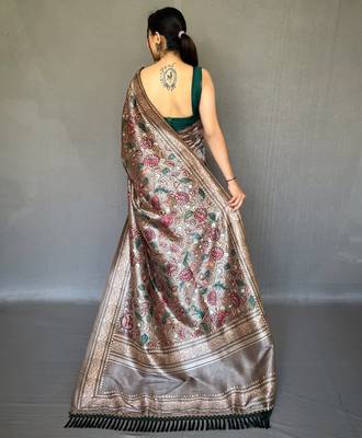 Grey printed silk saree with blouse piece 2