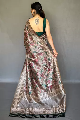 Grey printed silk saree with blouse piece