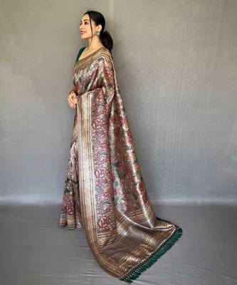 Grey printed silk saree with blouse piece 3