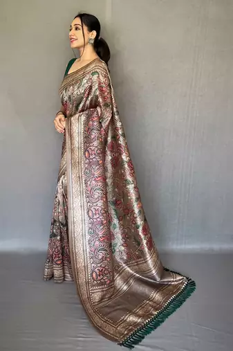 Grey printed silk saree with blouse piece