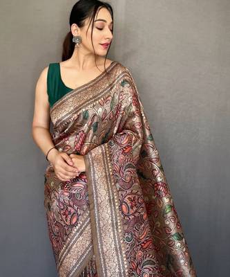 Grey printed silk saree with blouse piece 4