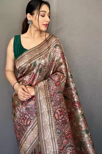 Grey printed silk saree with blouse piece