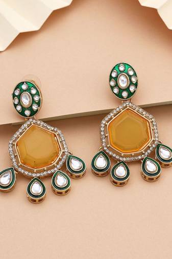 Yellow color kundan earrings