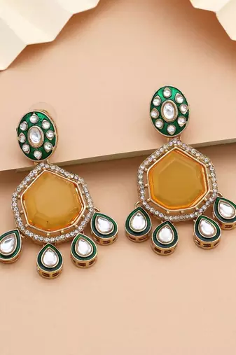 Yellow color kundan earrings