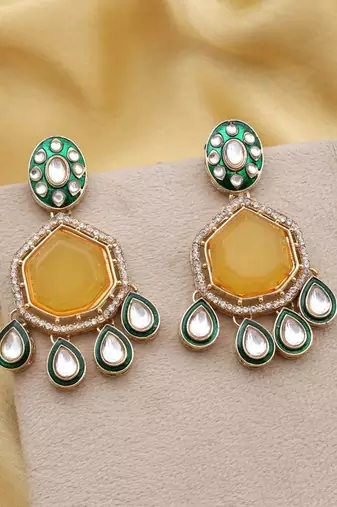 Yellow color kundan earrings