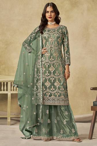 Green embroidered zari work net palazzo suits