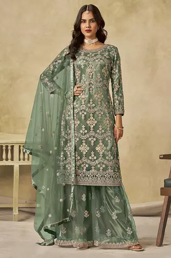 Green embroidered zari work net palazzo suits