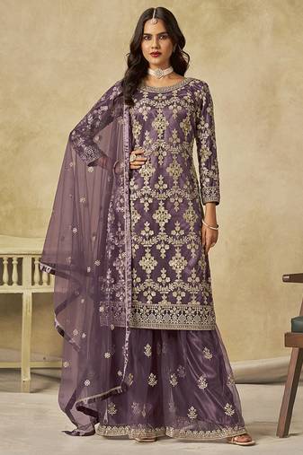 Purple embroidered zari work net palazzo suits