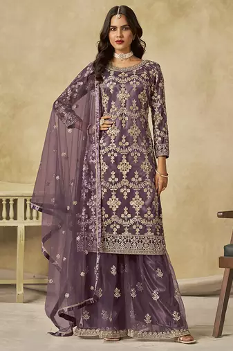Purple embroidered zari work net palazzo suits
