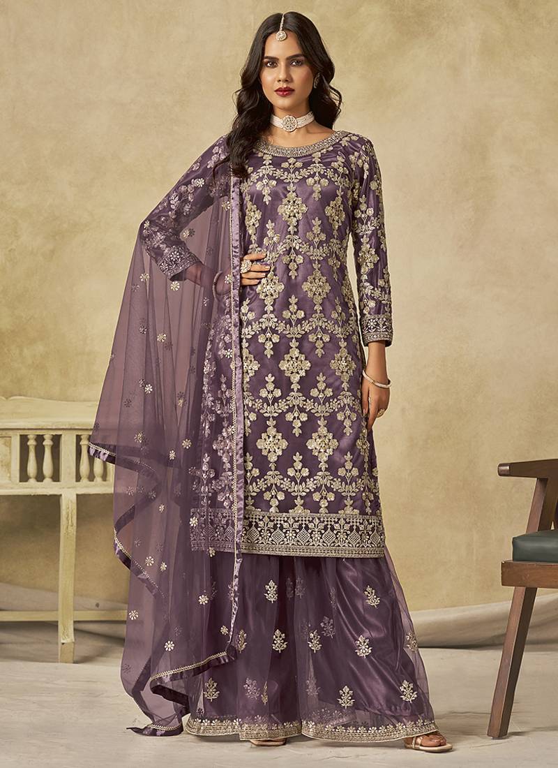 Purple embroidered zari work net palazzo suits