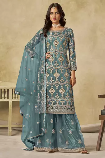 Teal-blue embroidered zari work net palazzo suits