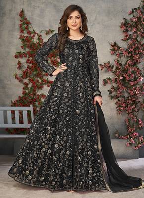 Black embroidered net anarkali suit 1