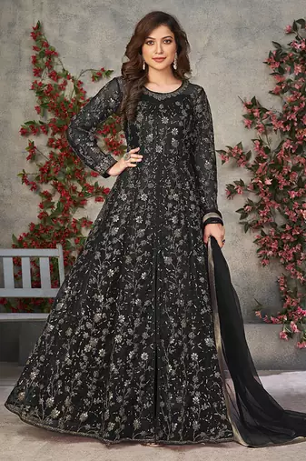 Black embroidered net anarkali suit
