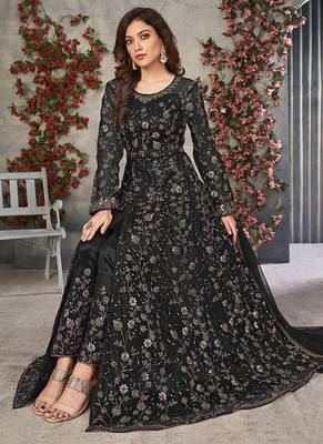 Black embroidered net anarkali suit 3