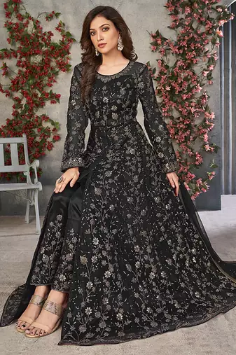 Black embroidered net anarkali suit