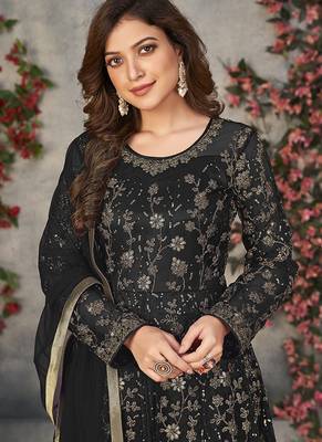 Black embroidered net anarkali suit 4