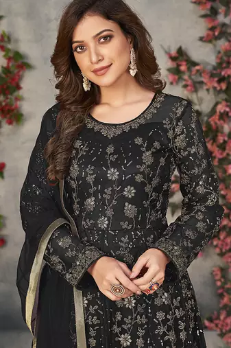 Black embroidered net anarkali suit