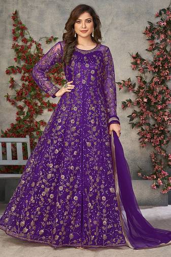 Purple embroidered net anarkali suit
