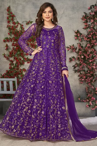 Purple embroidered net anarkali suit