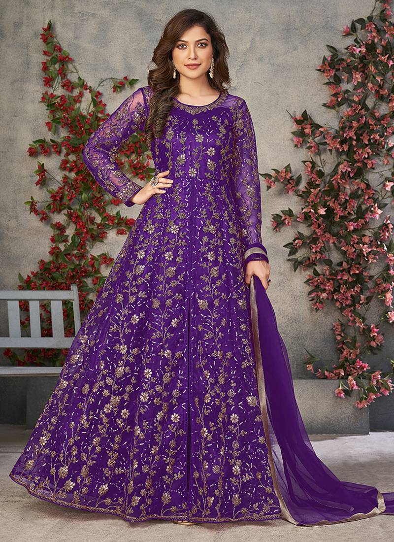 Purple embroidered net anarkali suit