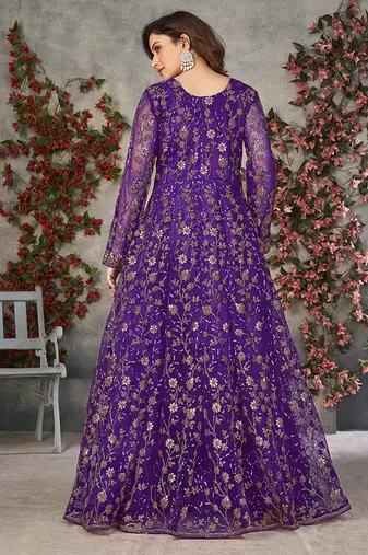 Purple embroidered net anarkali suit