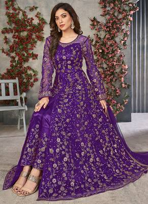 Purple embroidered net anarkali suit 3