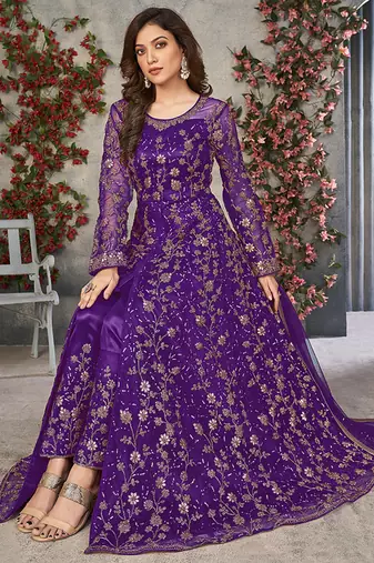 Purple embroidered net anarkali suit