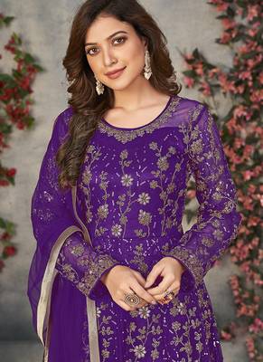 Purple embroidered net anarkali suit 4