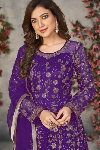 Purple embroidered net anarkali suit